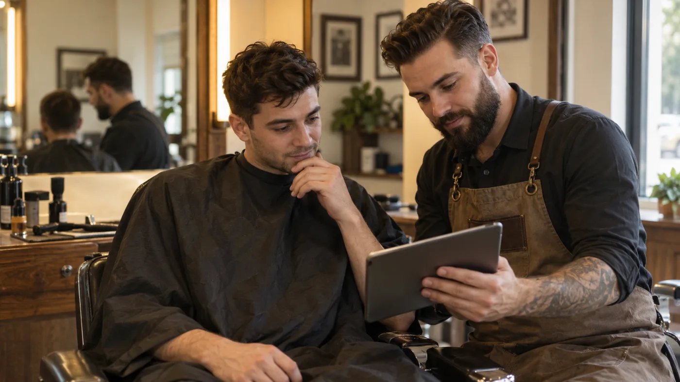 Illustrative consultation with a barber and client viewing a haircut reference